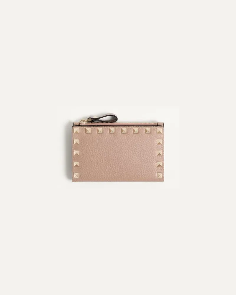 Valentino Garavani Portacarte Con Zip Rockstud In Vitello Granato Donna POUDRE Poudre