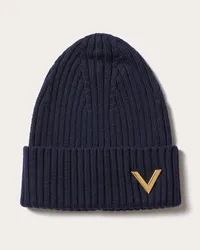 Valentino Garavani CAPPELLO BEANIE IN LANA CON APPLICAZIONE V IN METALLO Uomo NAVY Navy