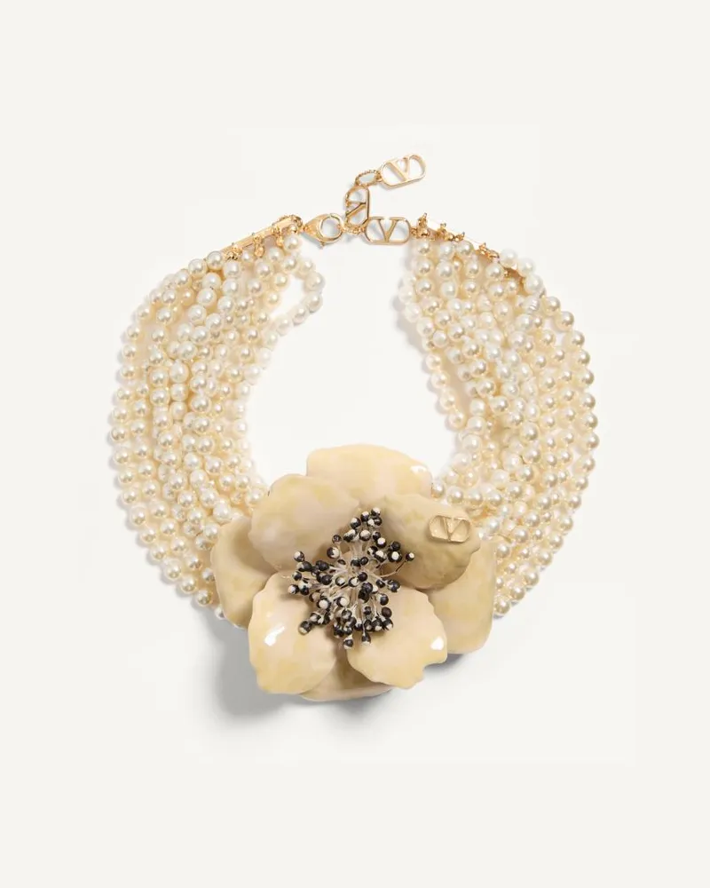 Valentino Garavani Collana Fleur Lumineuse In Metallo, Smalto, Perle E Tessuto Donna ORO/CREMA Oro