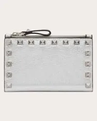 Valentino Garavani PORTACARTE CON ZIP ROCKSTUD IN VITELLO GRANATO METALLIZZATO Donna ARGENTO Argento