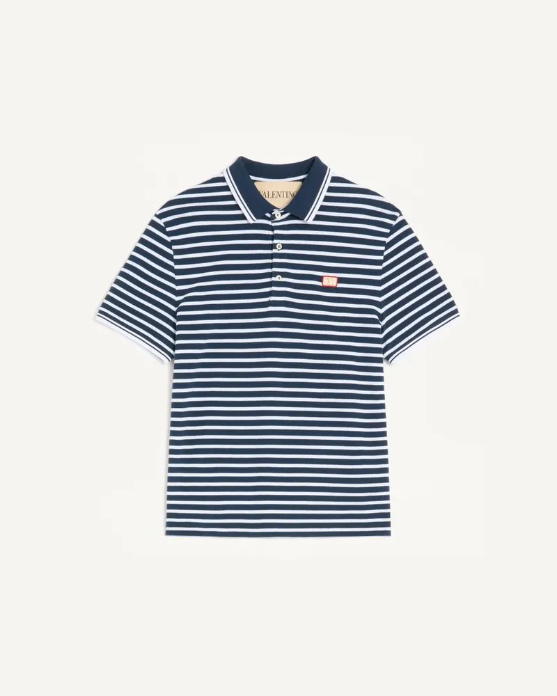 Valentino Garavani Polo Valentino In Piquet Di Cotone Con Patch VLogo Uomo BIANCO/BLU Bianco