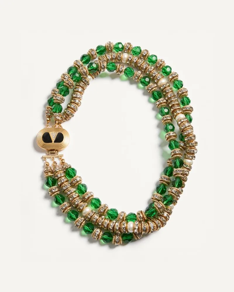 Valentino Garavani Collana Ovalette In Metallo, Smalto, Vetro Briole', Perle E Cristalli Donna ORO/EMERALD/NERO Oro