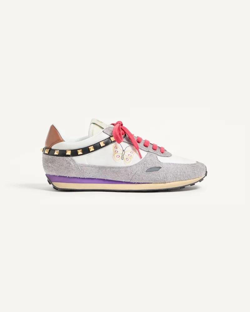 Valentino Garavani Sneaker Stud Up In Crosta E Nylon Con Ricamo Farfalla Uomo BIANCO/MULTICOLOR Bianco