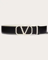 Valentino Garavani CINTURA REVERSIBILE VLOGO SIGNATURE IN VITELLO LUCIDO CON PERLE 40 MM Donna NERO/LIGHT IVORY Nero