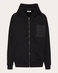 Valentino Garavani FELPA IN COTONE TECNICO CON CAPPUCCIO, ZIP E V DETAIL GOMMATA Uomo NERO Nero