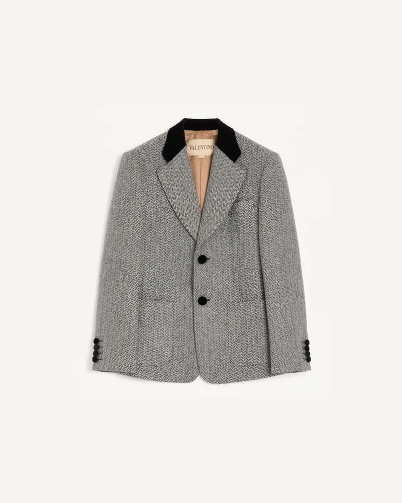 Valentino Garavani Giacca Monopetto Valentino In Chevron Di Lana Uomo BIANCO/ NERO Bianco