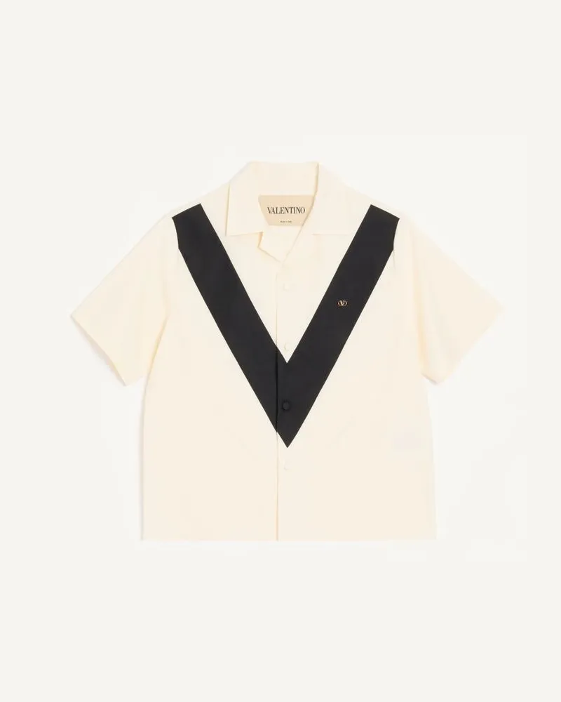 Valentino Garavani Camicia Da Bowling Valentino In Popeline Di Cotone Con V Intarsiata E VLogo Patch Uomo AVORIO/NERO Avorio