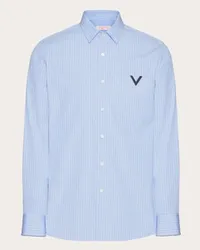 Valentino Garavani CAMICIA IN POPELINE DI COTONE CON V DETAIL METALLICA Uomo AZZURRO Azzurro