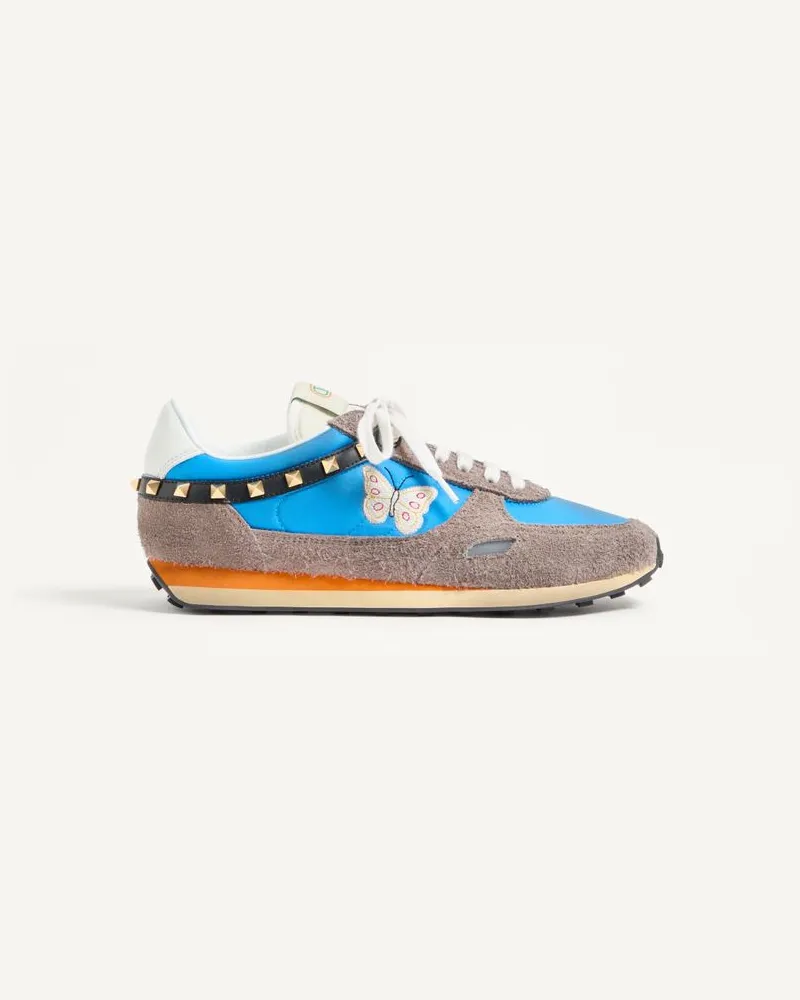 Valentino Garavani Sneaker Stud Up In Crosta E Nylon Con Ricamo Farfalla Uomo AZZURRO/MULTICOLOR Azzurro