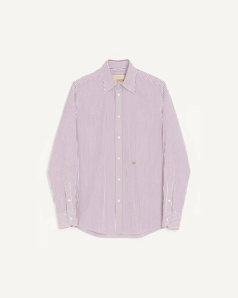 Valentino Garavani Camicia Valentino in popeline di cotone con ricamo VLogo a righe Uomo BURRO/BORDEAUX Burro