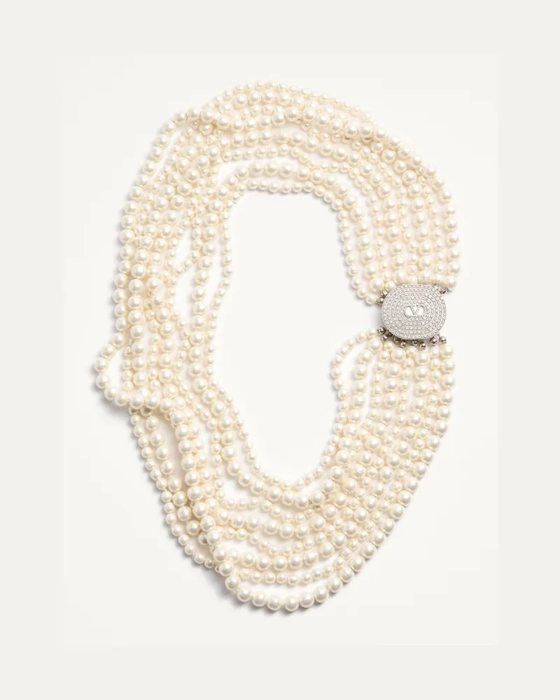 Valentino Garavani Collana Ovalette in Metallo, Perle Barocche in Vetro e Cristalli Swarovski Donna CREMA/CRYSTAL Crema