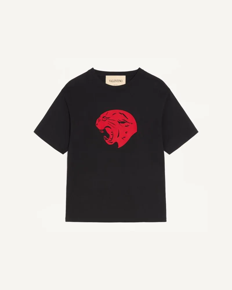 Valentino Garavani T-Shirt Valentino in cotone con stampa Panther Uomo NERO/ROSSO Nero