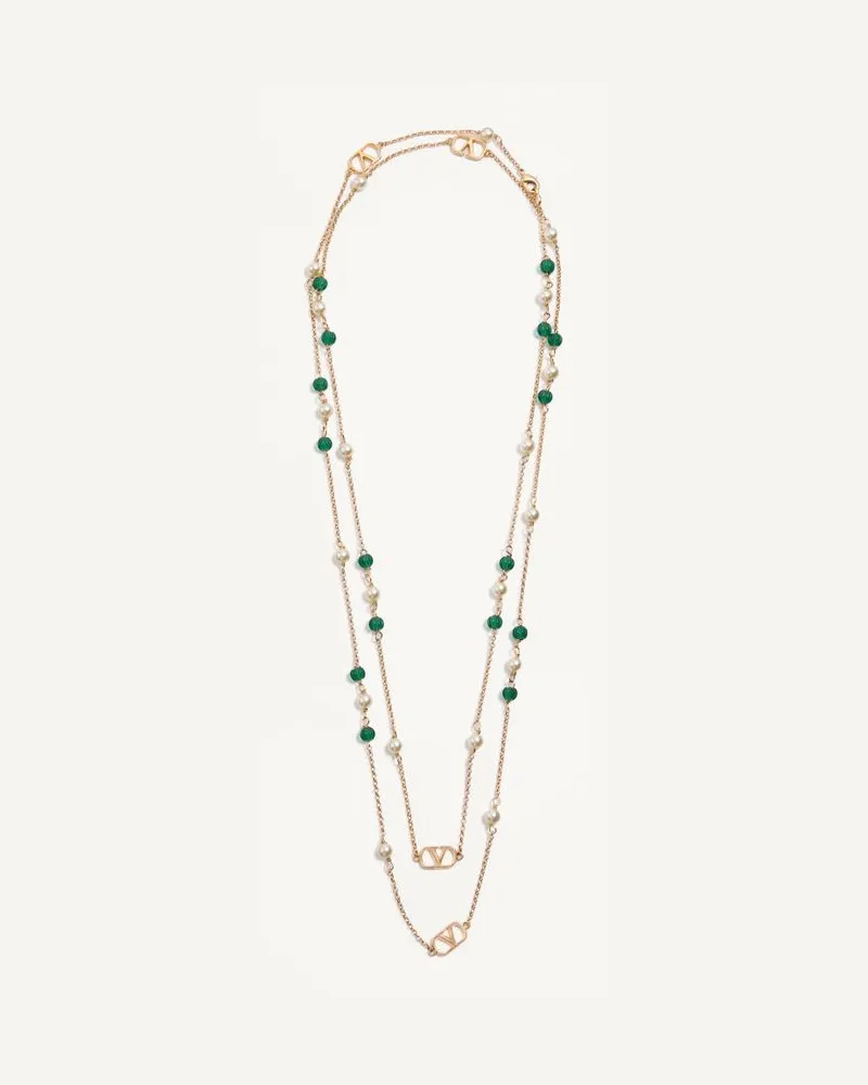 Valentino Garavani Collana Lunga VLogo Signature In Metallo, Perle E Vetro Godronato Donna ORO/VERDE Oro