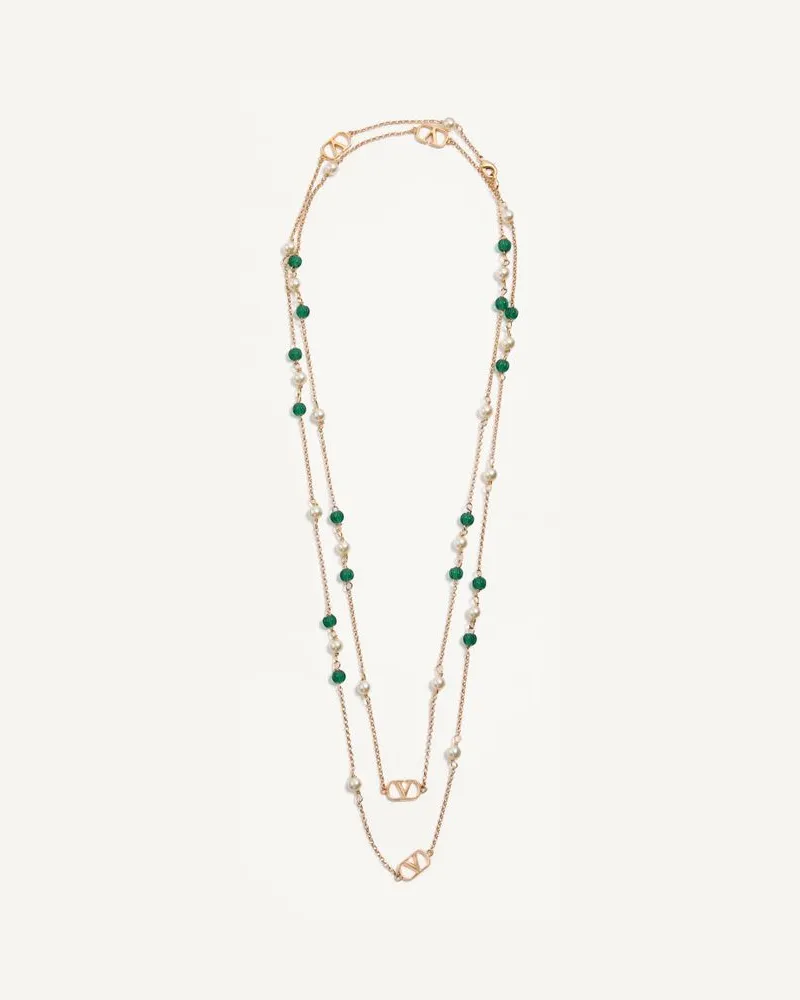 Valentino Garavani Collana Lunga Vlogo Signature In Metallo, Perle E Vetro Godronato Donna ORO/VERDE Oro