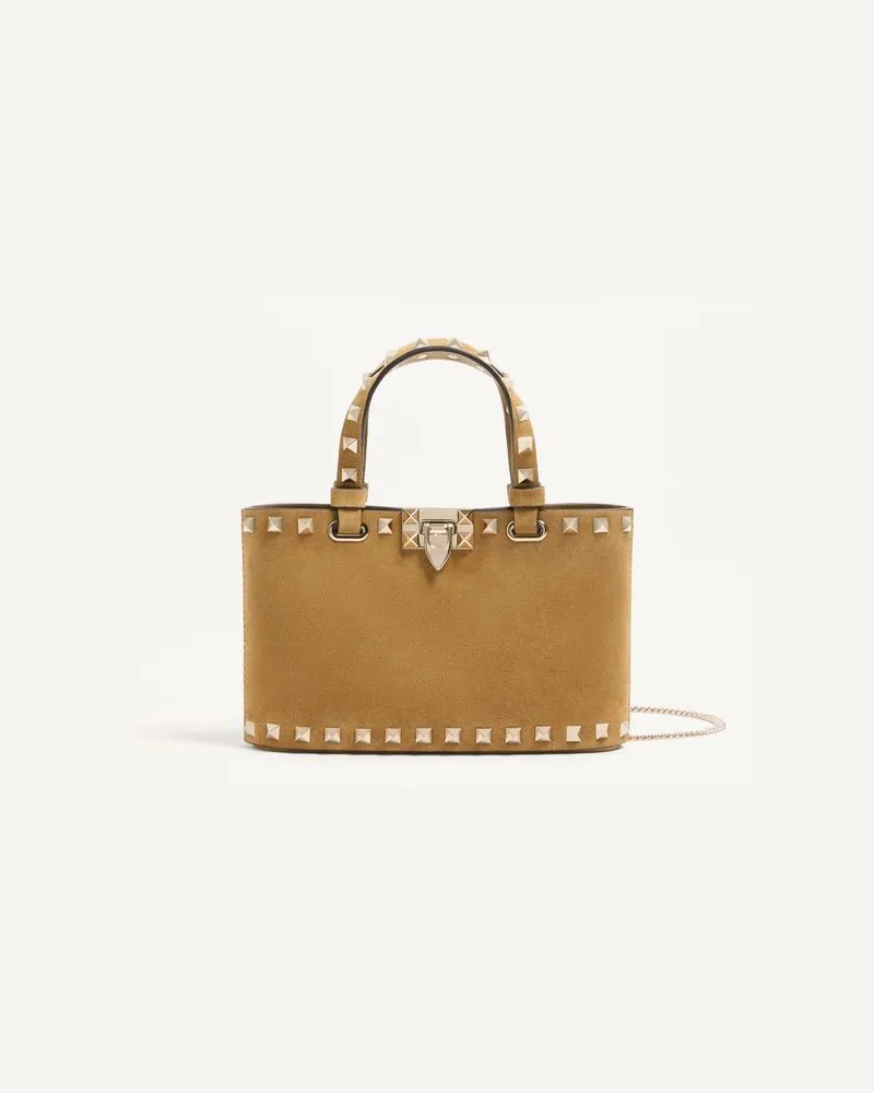 Valentino Garavani Mini borsa shopping Rockstud in Suede Donna HAVANA BEIGE Havana