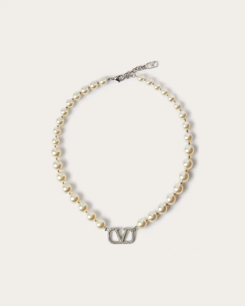 Valentino Garavani Collana  Vlogo Signature Con Cristalli E Perle Swarovski® Donna PALLADIO/CRYSTAL/CREMA Palladio