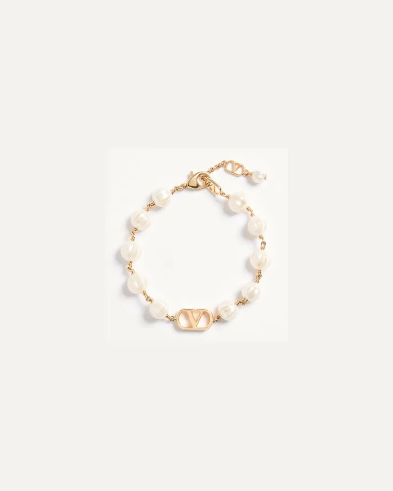Valentino Garavani Bracciale VLogo Signature in Metallo e Perle in Vetro Donna ORO/CREMA Oro