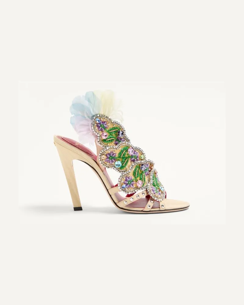 Valentino Garavani Sandalo Dans Le Foyer In Tessuto Moirè Con Ricamo Floreale E Piume 105Mm Donna MULTICOLOR Multicolor