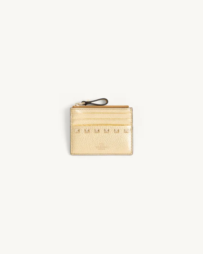 Valentino Garavani Portacarte Con Zip Rockstud In Vitello Granato Laminato Donna ANTIQUE BRASS Antique