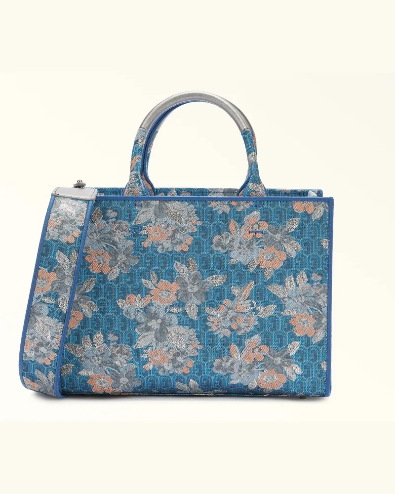 Furla Opportunity Borsa Shopping Toni Azzurrite Blu Tessuto Con Motivo Arco Etnico In Jacquard Teatro Goffrato + Tracolla Jacquard Donna Blu