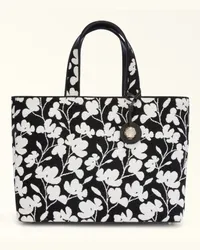 Furla Alissa Borsa Shopping Toni Nero Nero Tessuto In Jacquard Con Fiori Di Acalypha Hispida Goffrati Donna Nero