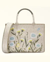 Furla Opportunity Borsa Shopping Toni Naturali Beige Jacquard Goffrato Con Motivo Arco Etnico E Dettagli Decorativi Floreali + Tracolla Jacquard Donna Beige