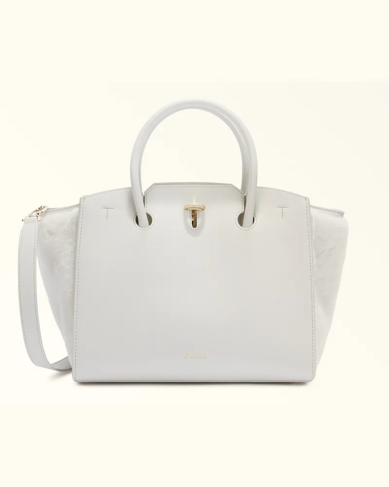 Furla Genesi Borsa Shopping Marshmallow Bianco Pelle Di Vitello Claris Lux + Montone Donna Bianco