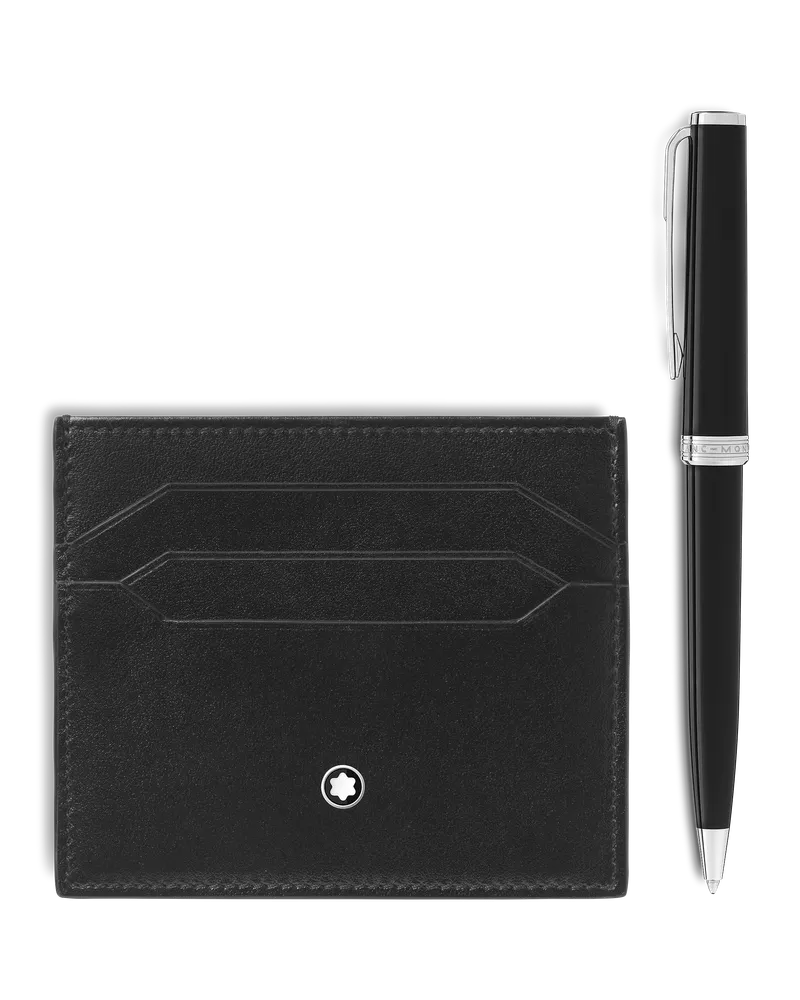 Montblanc Set con Penna a sfera PIX nera e Porta carte 6 scomparti in Pelle Meisterstück - Deep Black (nero intenso) - Pregiata resina - MB137793 Deep