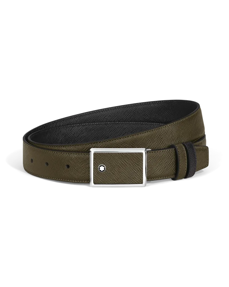 Montblanc Cintura Reversibile mm Con Targhetta con Intarsi in Pelle Sartorial - Kaki | Nero - MB222217 - Cinture Kaki