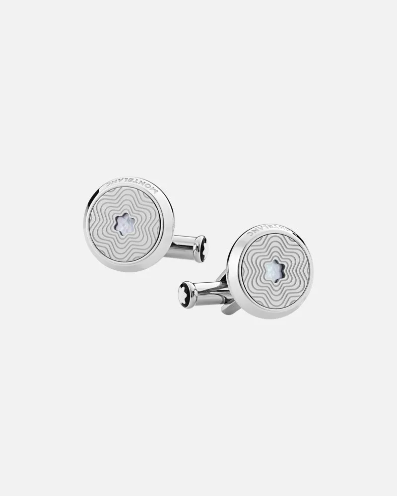 Montblanc Gemelli Rotondi In Acciaio Pregiato Con Motivo A Stella Variabile Ed Emblema A Forma Di Vetta Innevata In Madreperla - Gemelli - Argento Argento