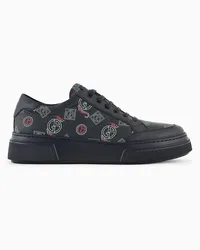 Giorgio Armani OFFICIAL STORE Sneakers In Pelle Con Logo All-over Blu