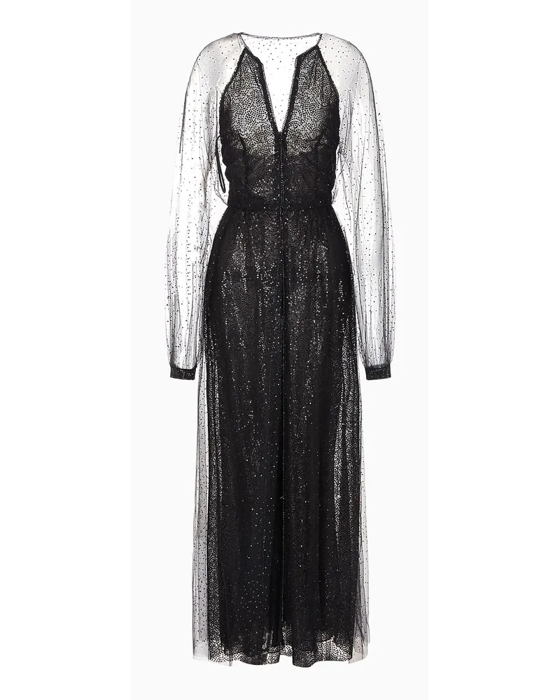 Giorgio Armani OFFICIAL STORE Abito Lungo In Seta E Tulle Con Strass All-over Nero