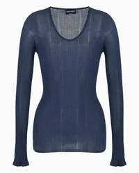 Giorgio Armani OFFICIAL STORE Maglia Scollo Ovale In Cashmere E Seta A Coste Blu