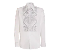 Camicia In Cotone Con Plastron Ricamato, Uomo, Bianco