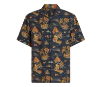 Camicia Bowling In Seta Stampata, Uomo, Blu Navy