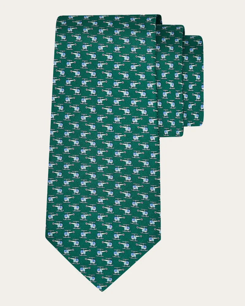 Ferragamo Uomo Cravatta in seta stampa Helicopter Verde Verde