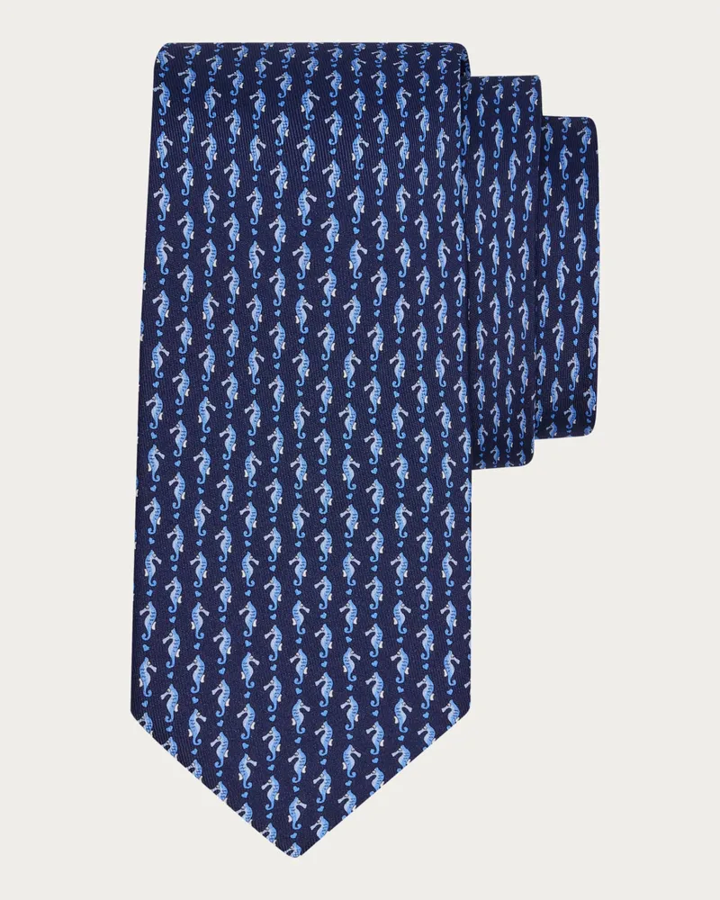 Ferragamo Uomo Cravatta in seta stampa Cavalluccio marino Blu Blu