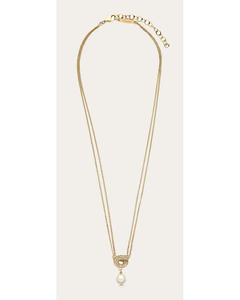 Ferragamo Donna Collana pendente Gancini con perla e cristalli Oro Oro