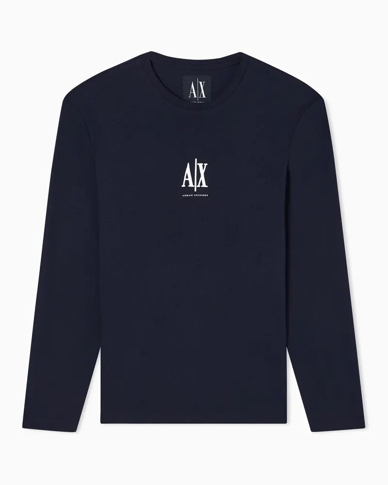 Armani Exchange T-shirt cotone girocollo a maniche lunghe con logo Icon Blu