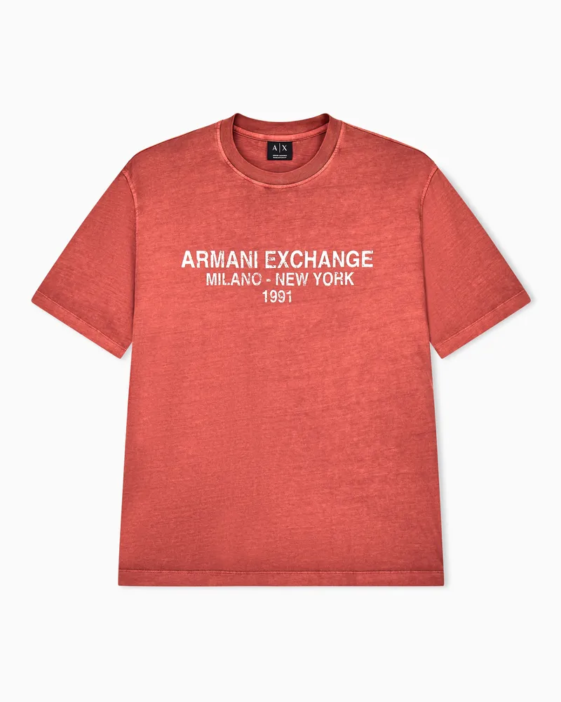 Armani Exchange T-shirt in jersey di cotone tinto capo con stampa logo Rosso