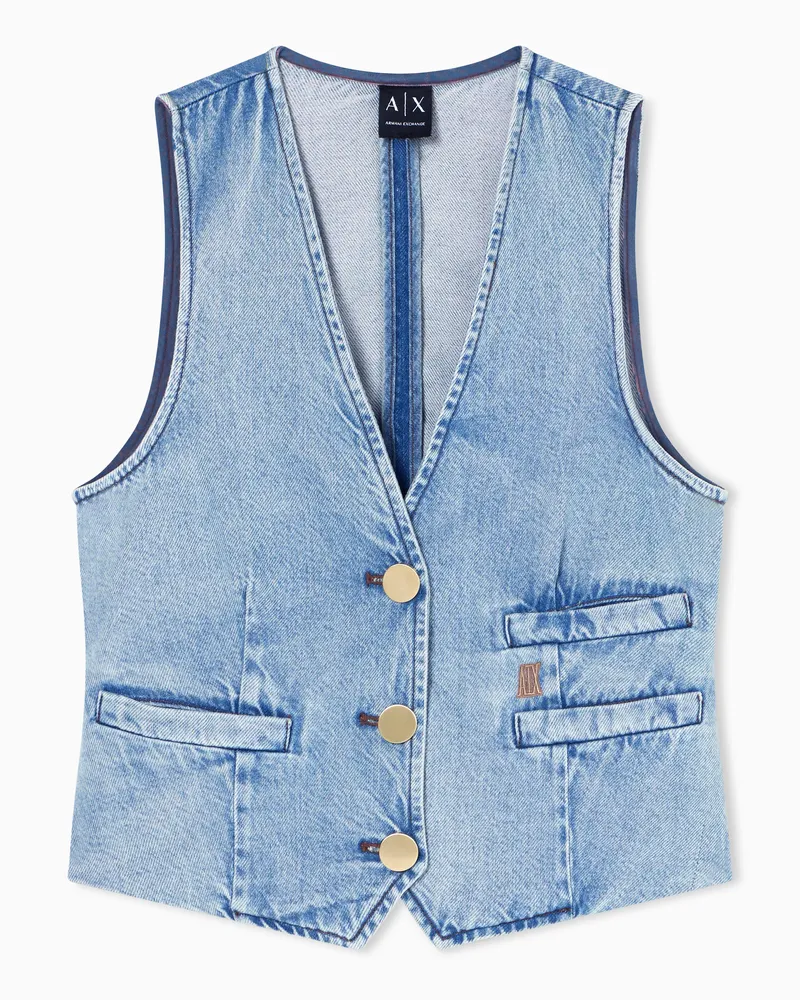 Armani Exchange Gilet Denim in Cotone e Lyocell Leggero Blu