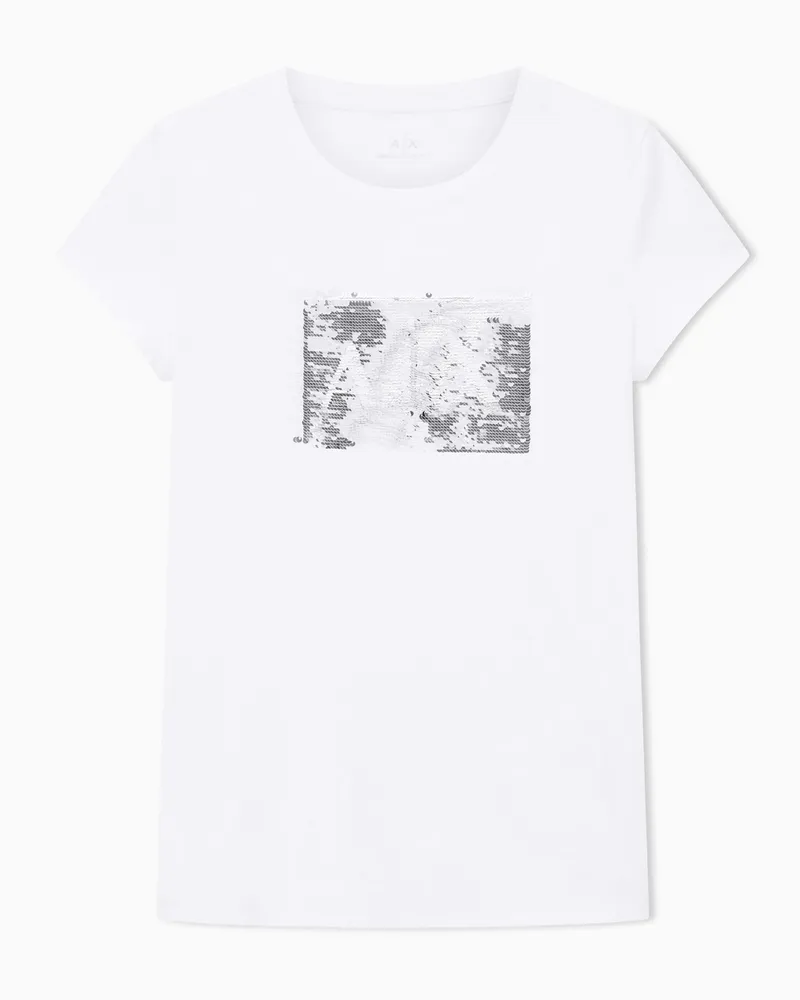 Armani Exchange T-shirt slim fit con logo in paillettes Bianco