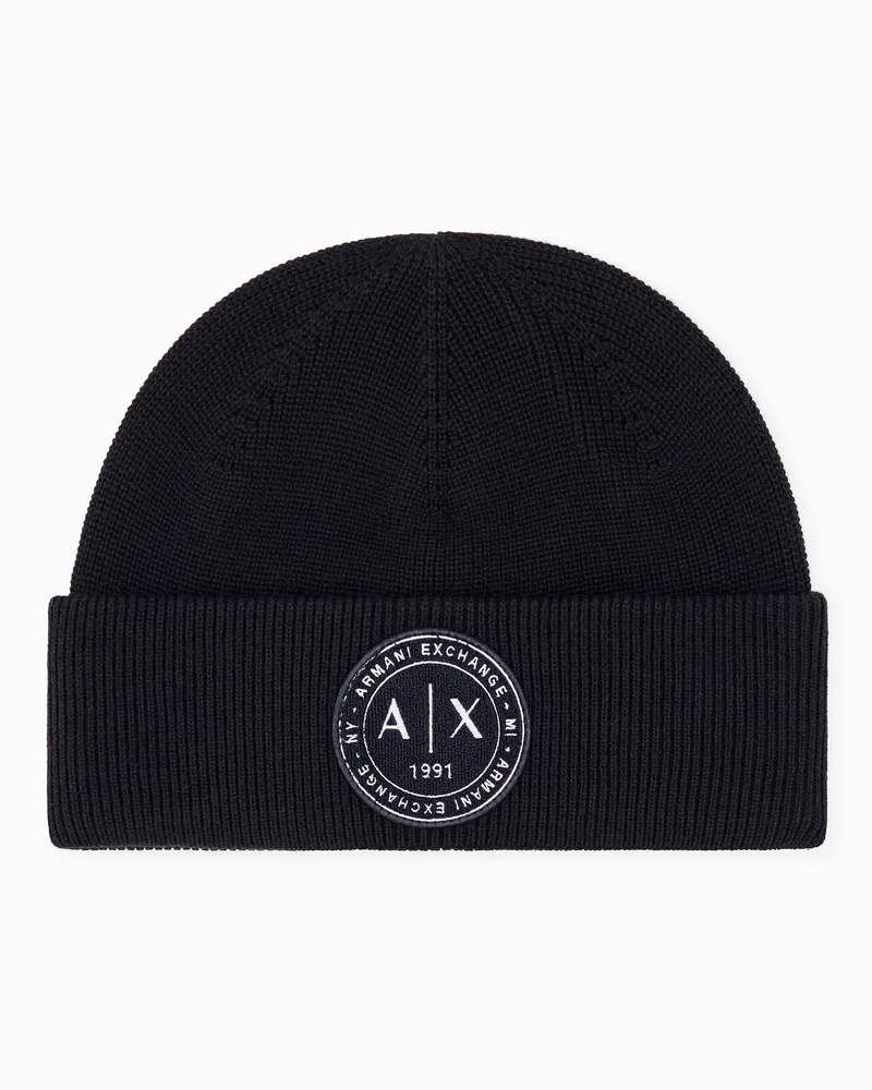 Armani Exchange Berretto a coste in misto lana e cotone con patch Blu