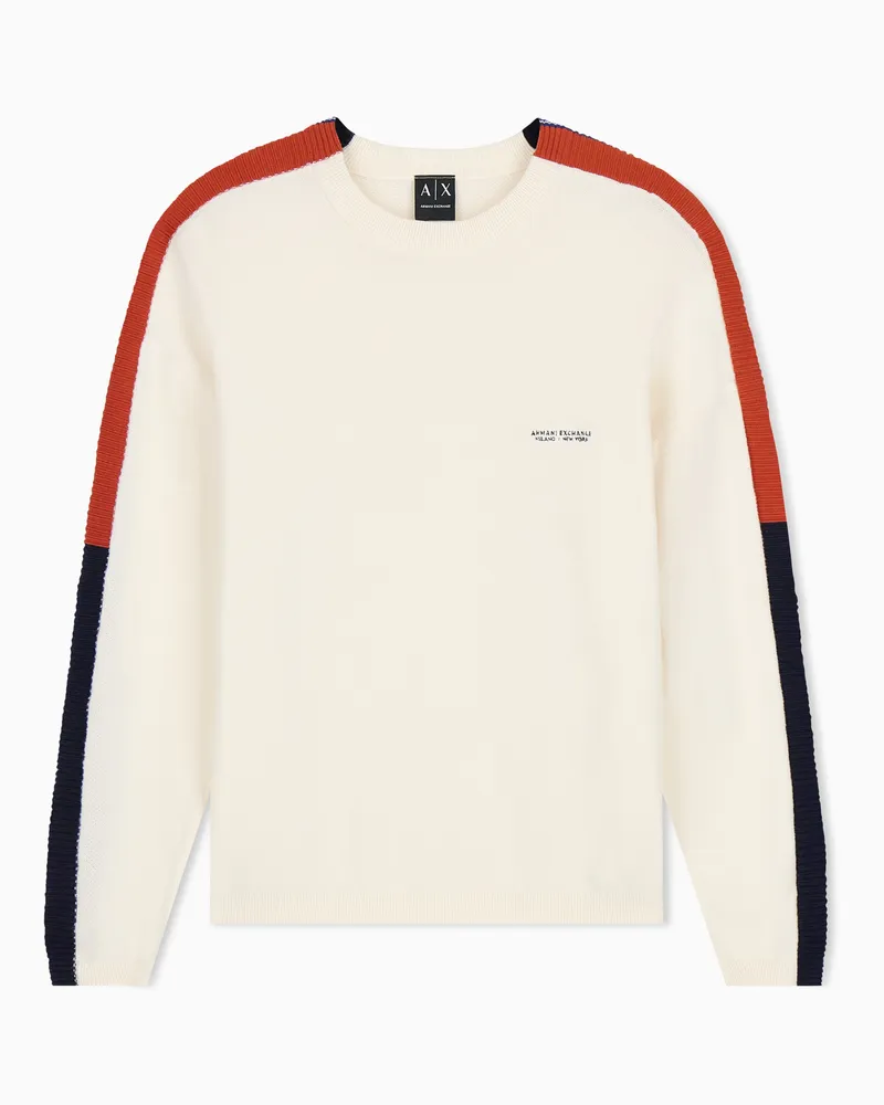Armani Exchange Pullover girocollo in cotone con bande a contrasto e logo Bianco