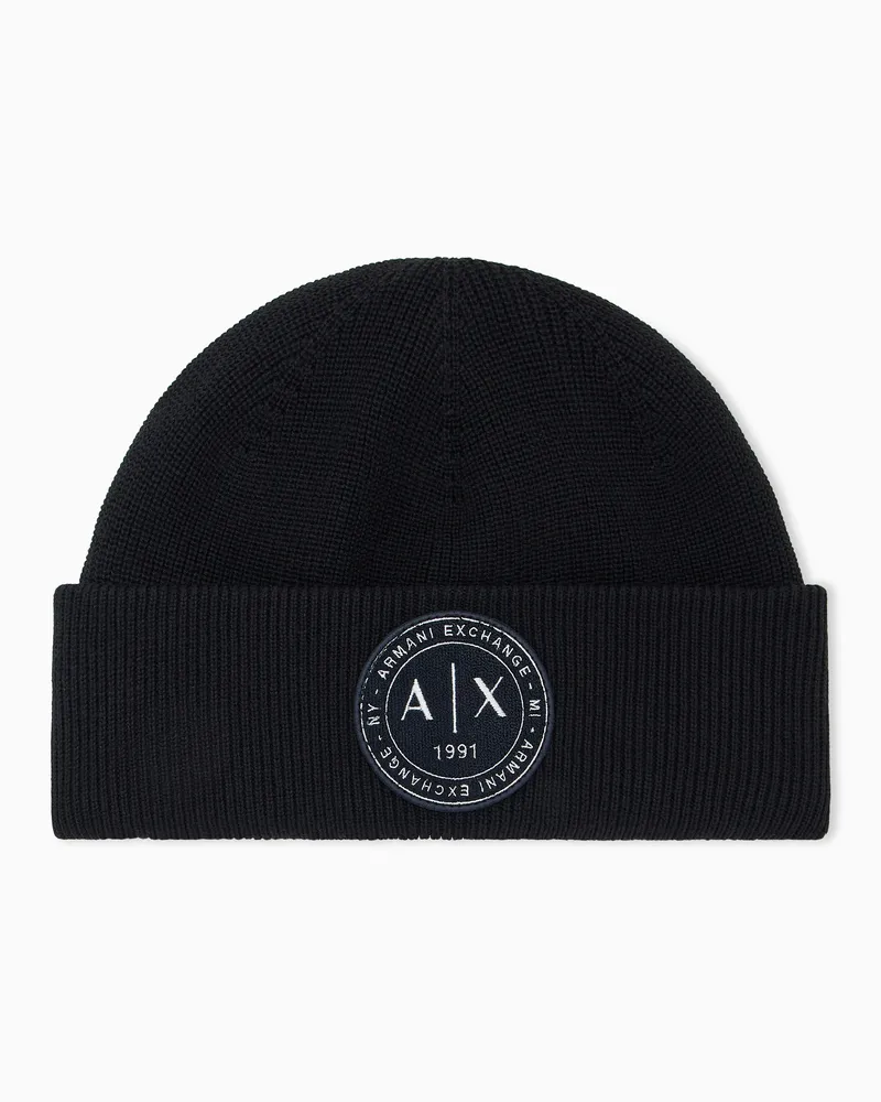 Armani Exchange Berretto a coste in misto lana e cotone con patch Nero