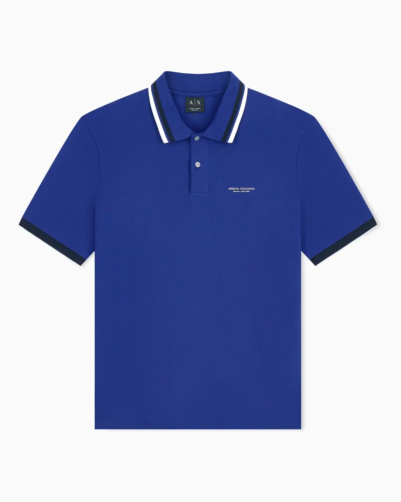 Armani Exchange Polo in piqué di cotone con logo e profili a righe Blu