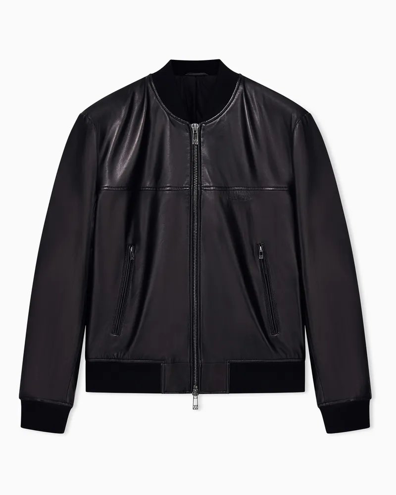 Armani Exchange Giubbotto bomber in pelle con zip e finiture a costine Nero