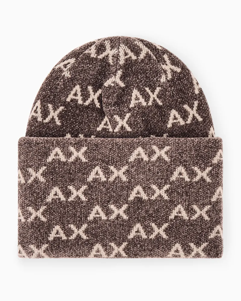 Armani Exchange Berretto in maglia con logo all over e risvolto Marrone
