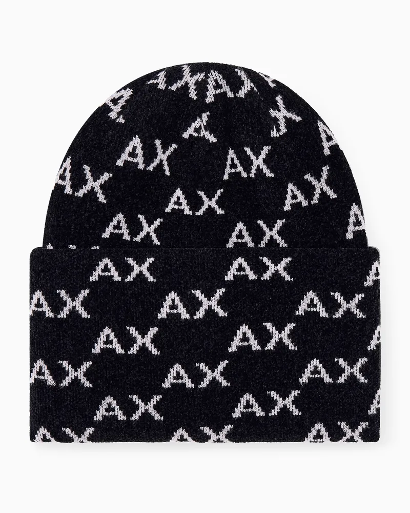 Armani Exchange Berretto in maglia con logo all over e risvolto Nero