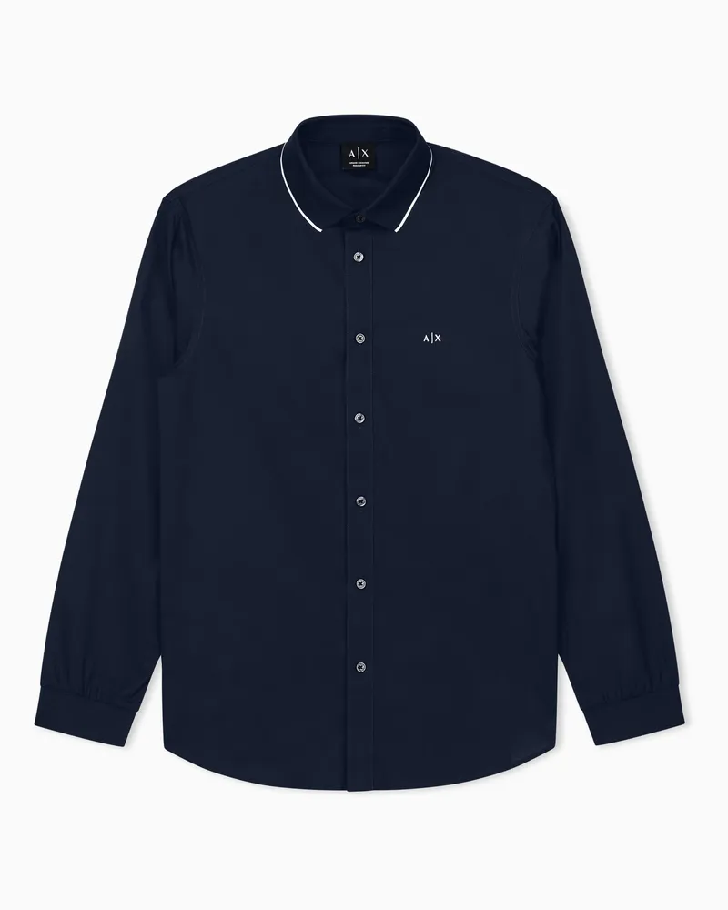 Armani Exchange Camicia in popeline di cotone con profilo a contrasto Blu
